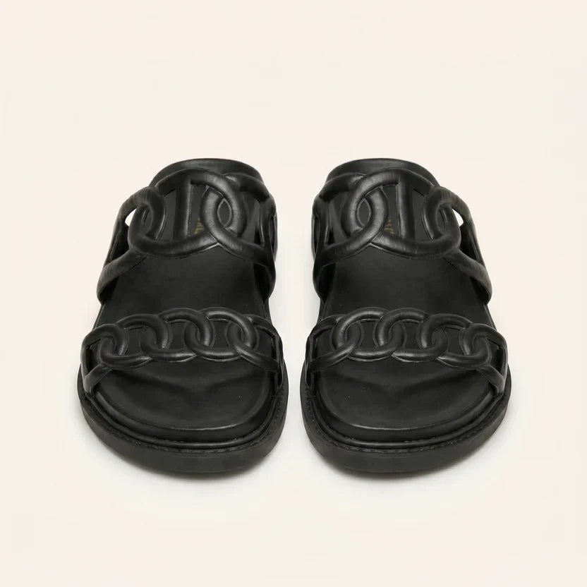 Rasolli women's open toe luxury chain slide sandals in black and ivory