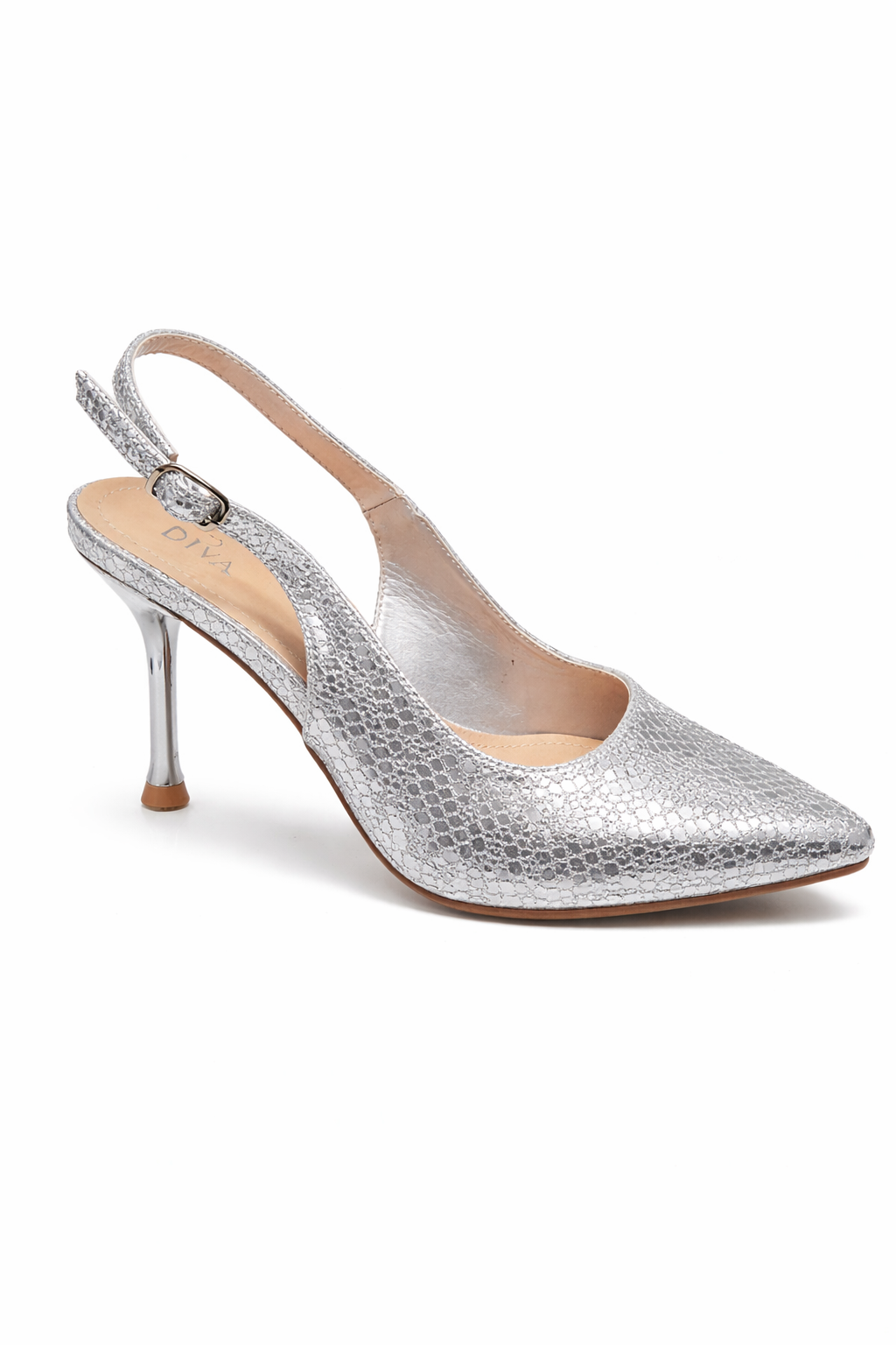 Lady Godiva Women's Black & Silver Glitter Slingback Stiletto Heels — Pointed Toe