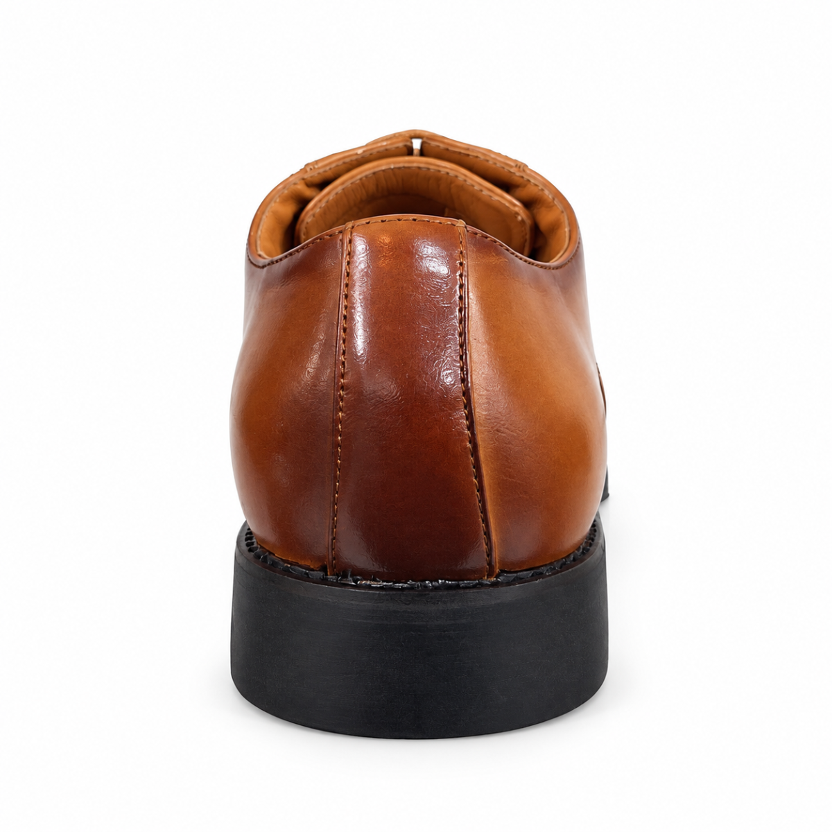 A close-up rear view of a brown faux leather shoe with a black sole, shown against a plain white background.