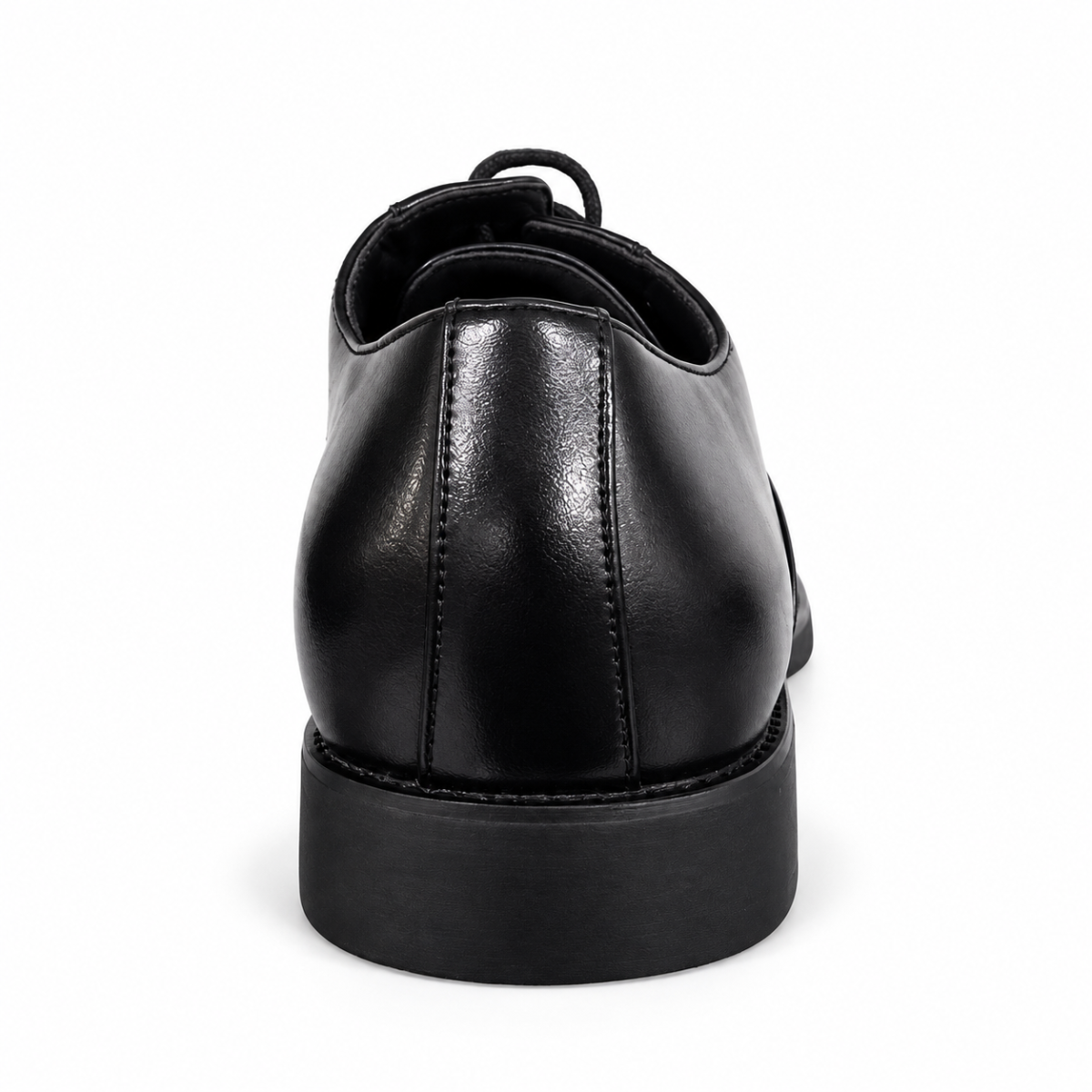 A black leather lace-up shoe shown from a rear three-quarter view, featuring a smooth glossy finish, clean stitching, and a thick black sole, set against a plain white background.