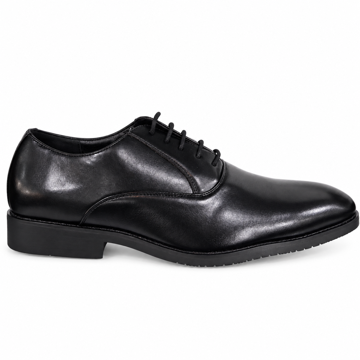 A single black leather oxford dress shoe with a low stacked heel and black laces, shown in a side profile on a white background.