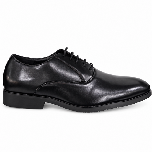 A single black leather oxford dress shoe with a low stacked heel and black laces, shown in a side profile on a white background.