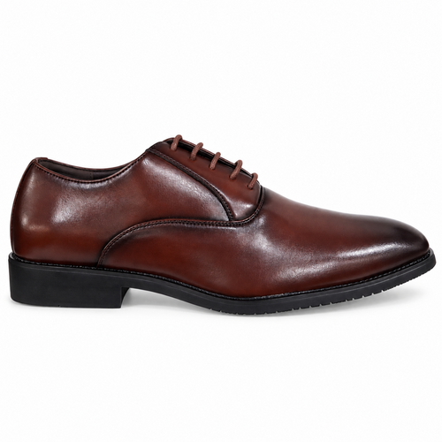 A classic men's brown Faux  leather oxford shoe with a black sole, shown in a side profile view against a plain white background.