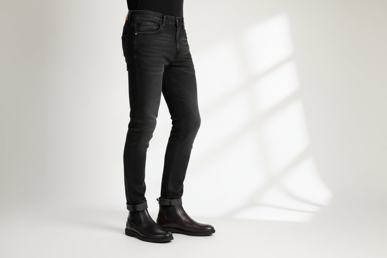 A person wearing slim-fit black jeans with rolled cuffs and dark brown Chelsea boots, shown from the waist down against a clean white studio background with soft window-light shadows.