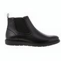 A black Chelsea-style ankle boot with a textured leather upper, elastic side gore, and a thick black sole, shown from a side profile on a white background.