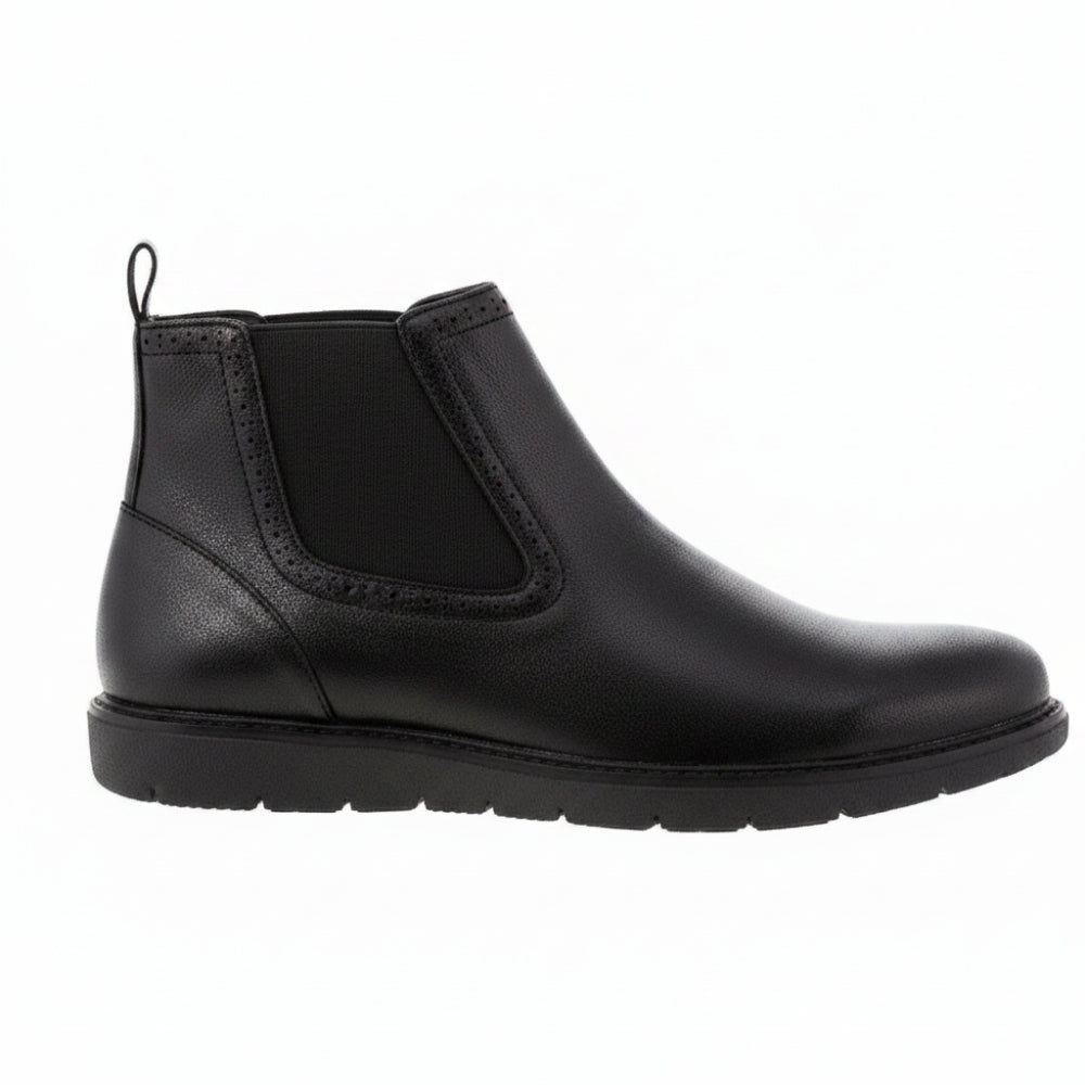 A black Chelsea-style ankle boot with a textured leather upper, elastic side gore, and a thick black sole, shown from a side profile on a white background.