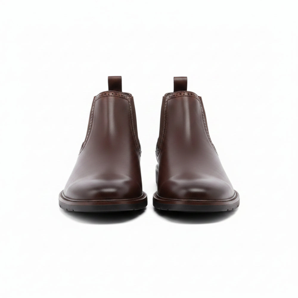 A pair of dark brown leather Chelsea boots with elastic side panels and pull tabs, shown on a clean white background.