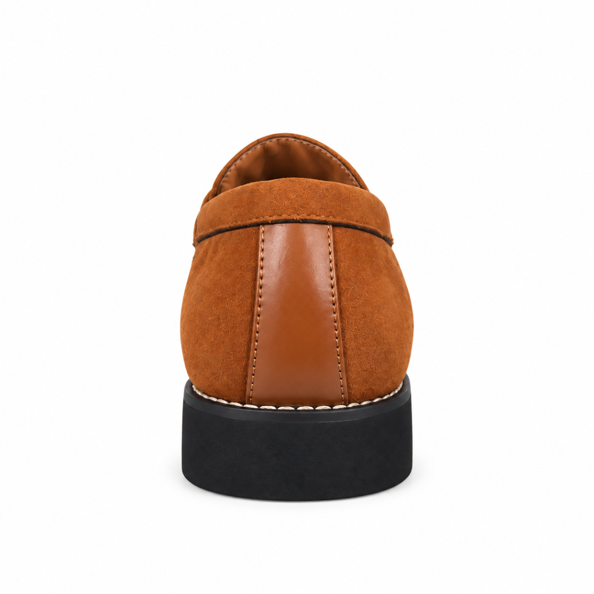A single brown  FAUX leather and  FAUX suede loafer shown from the back, featuring a black platform sole and contrast stitching, set against a plain white background.