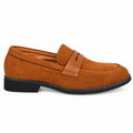 A single men's penny loafer in tan suede with a matching leather strap, shown in a side profile on a white background.