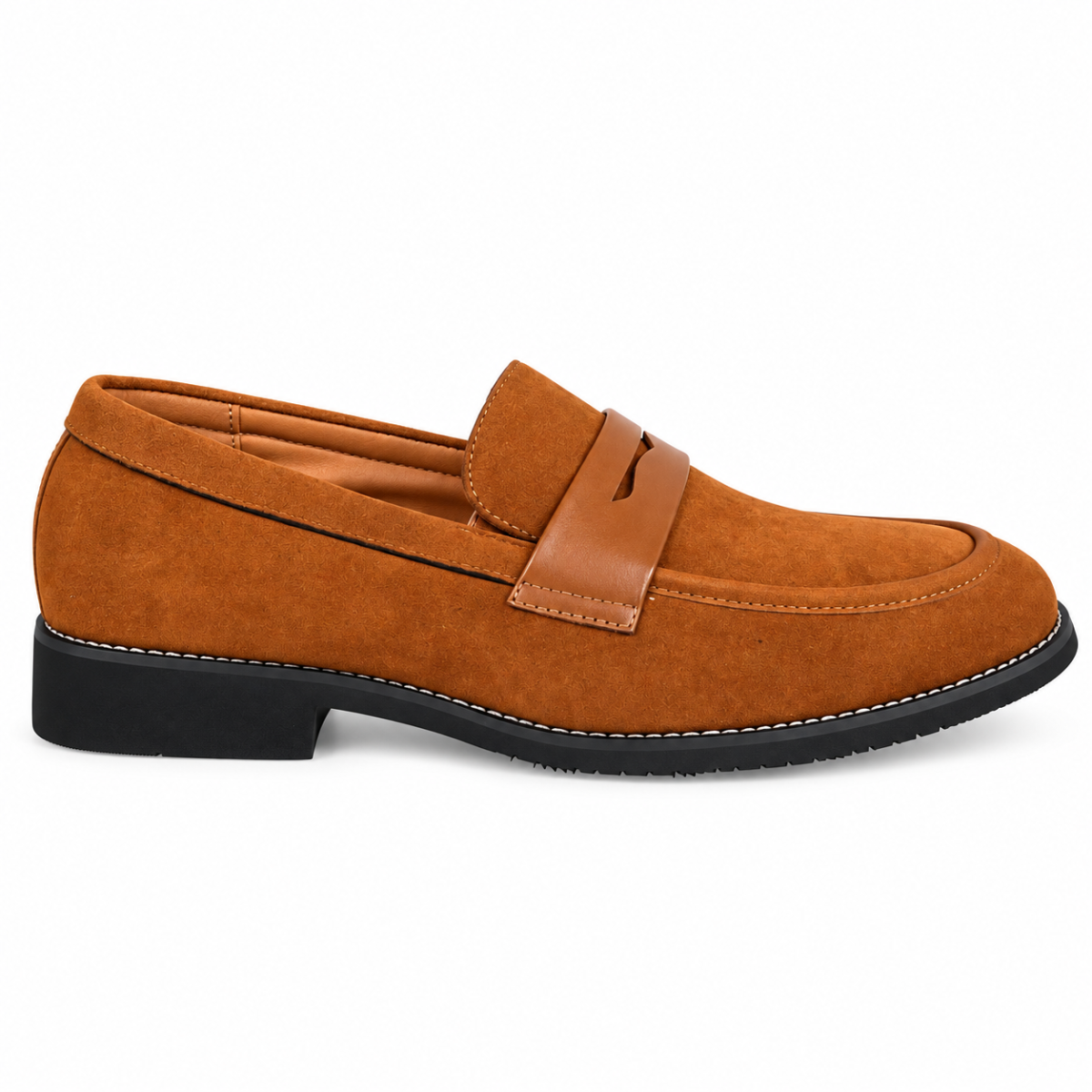 A single men's penny loafer in tan suede with a matching leather strap, shown in a side profile on a white background.