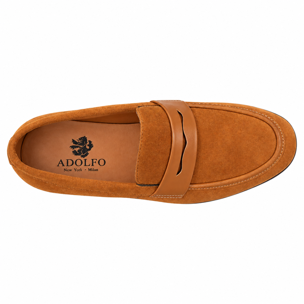 A single tan Faux  suede penny loafer shown from a top-down view on a solid white background. The brand name 'ADOLFO' is printed in black on the tan insole.