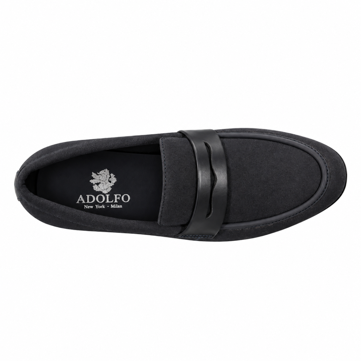 A single black loafer-style slip-on shoe shown from a top-down view on a plain white background. The shoe has a NAVY BLUE  Faux leather strap across the vamp and a visible ADOLFO logo printed in white on the inner lining.