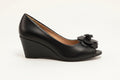 Rasolli Women's Black Floral Peep-Toe Wedge — Faux-Leather Low Wedge Pump