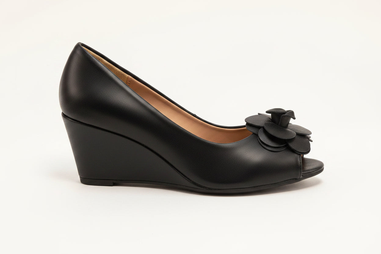 Rasolli Women's Black Floral Peep-Toe Wedge — Faux-Leather Low Wedge Pump