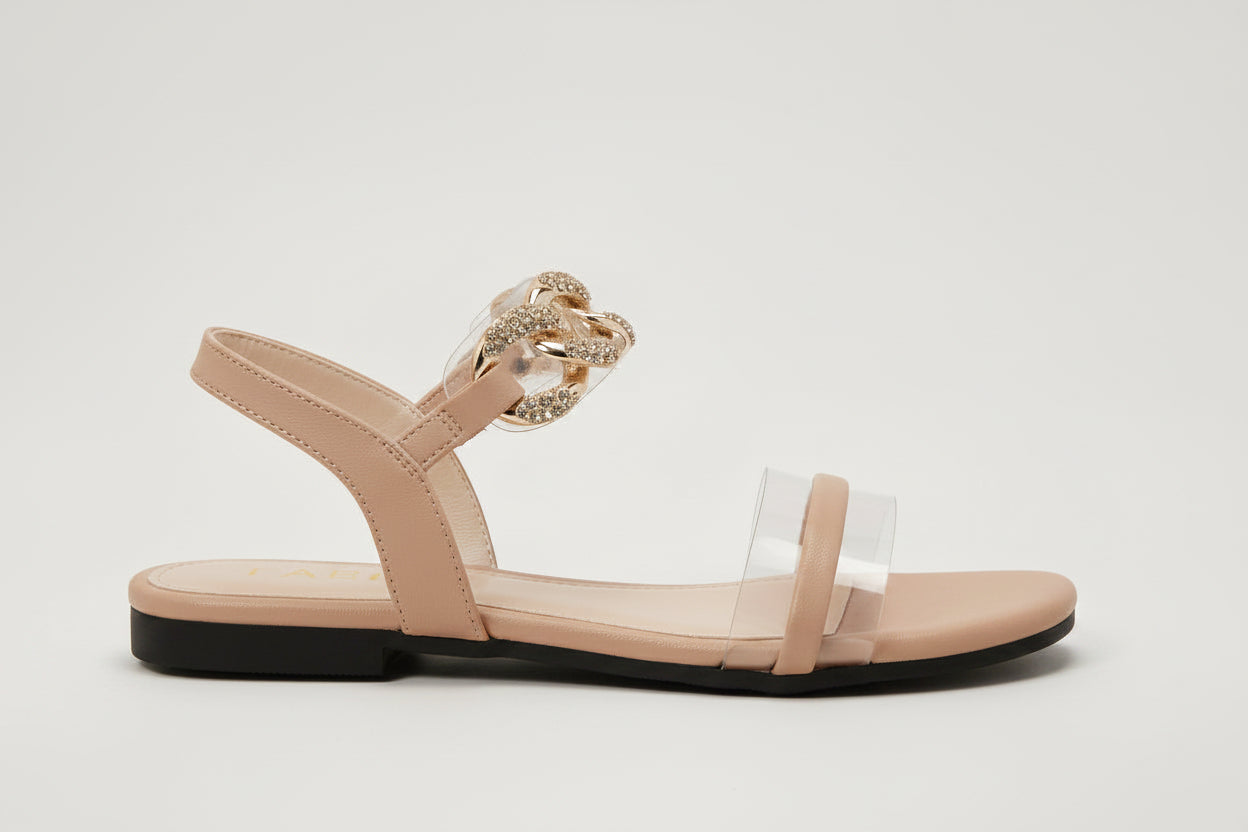 Rasolli Women's Black & Gold Chain Flat Sandal — Clear Strap Ankle Buckle