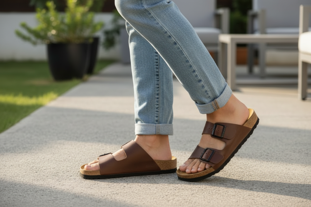 MAN WEARING A BLUE JEAN WITH BROWN SANDALS 