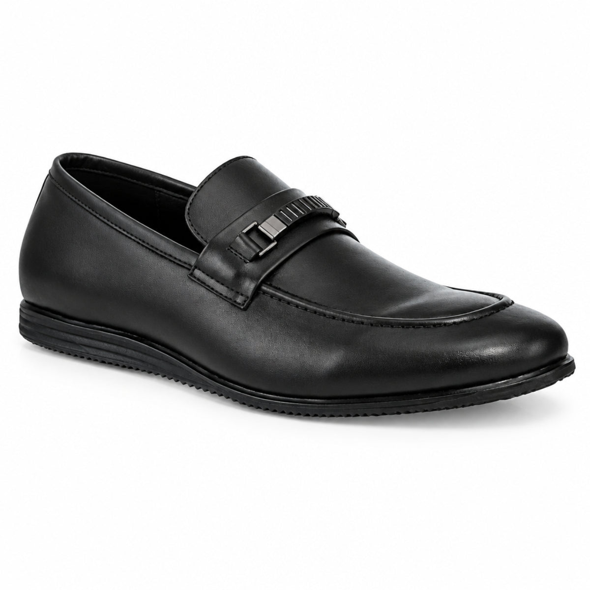 A black leather penny loafer with a decorative strap and silver-tone buckle, shown from a three-quarters angle on a white background.