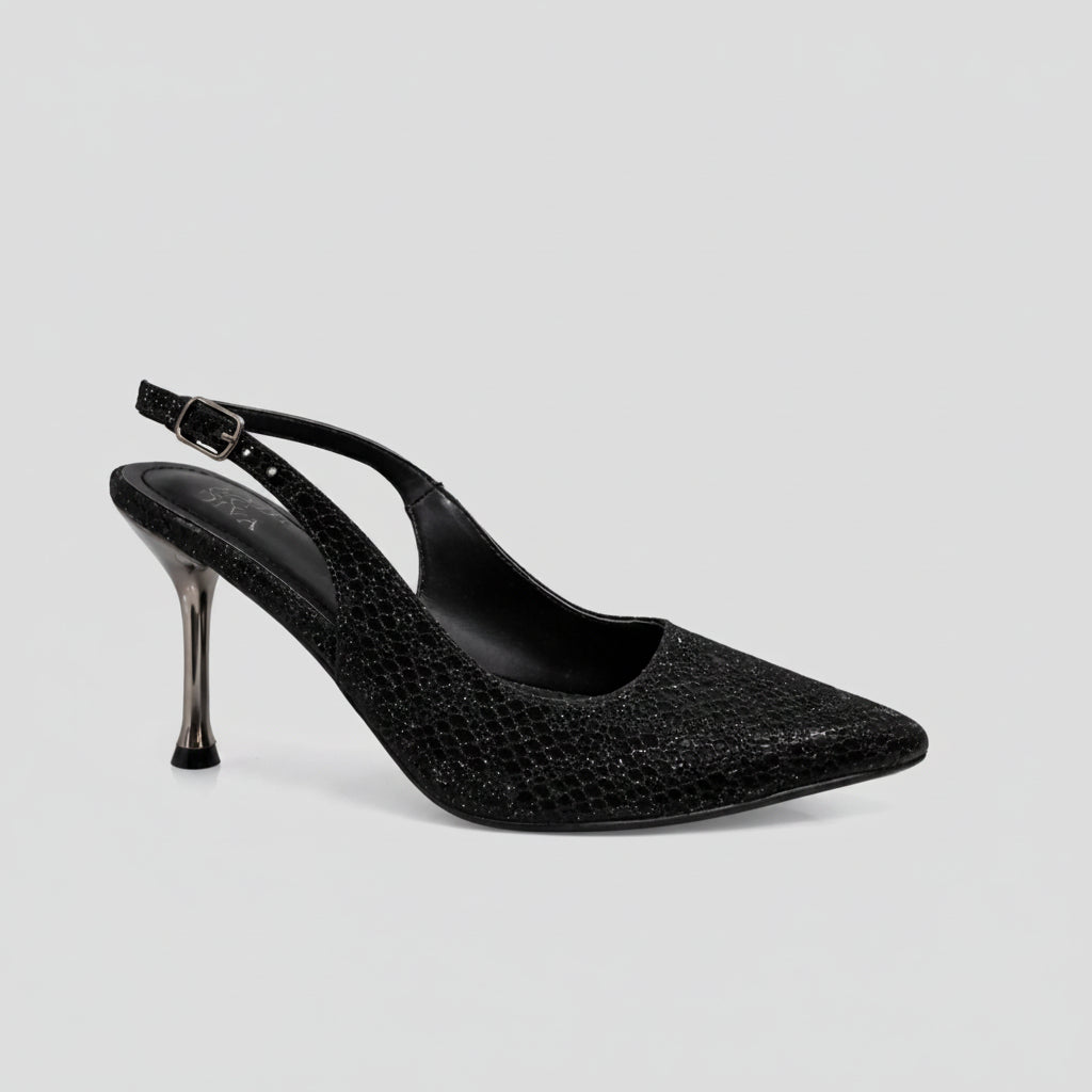 Lady Godiva Women's Black & Silver Glitter Slingback Stiletto Heels — Pointed Toe