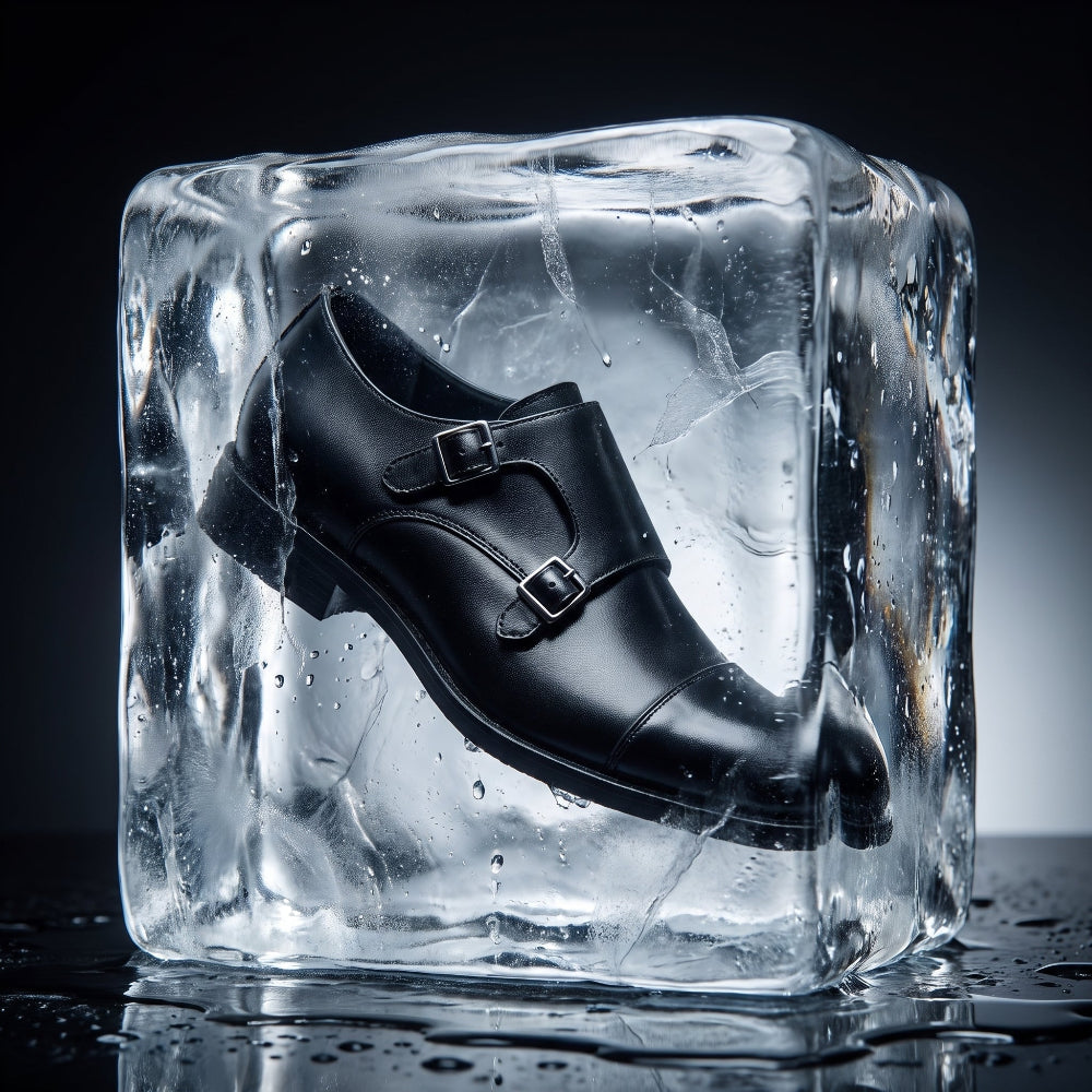 A black double-breasted leather dress shoe with buckle straps, frozen inside a large clear ice cube on a dark reflective surface.