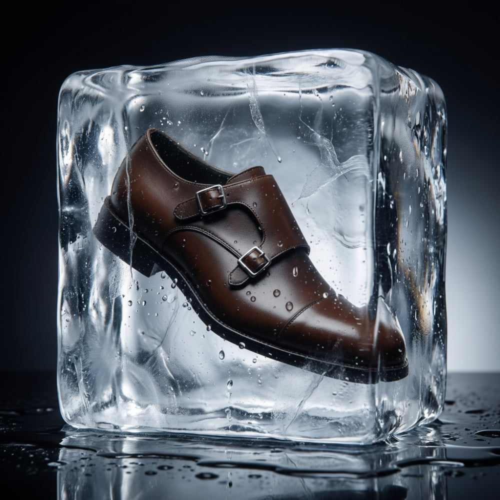 A black double-breasted leather dress shoe with buckle straps, frozen inside a large clear ice cube on a dark reflective surface.