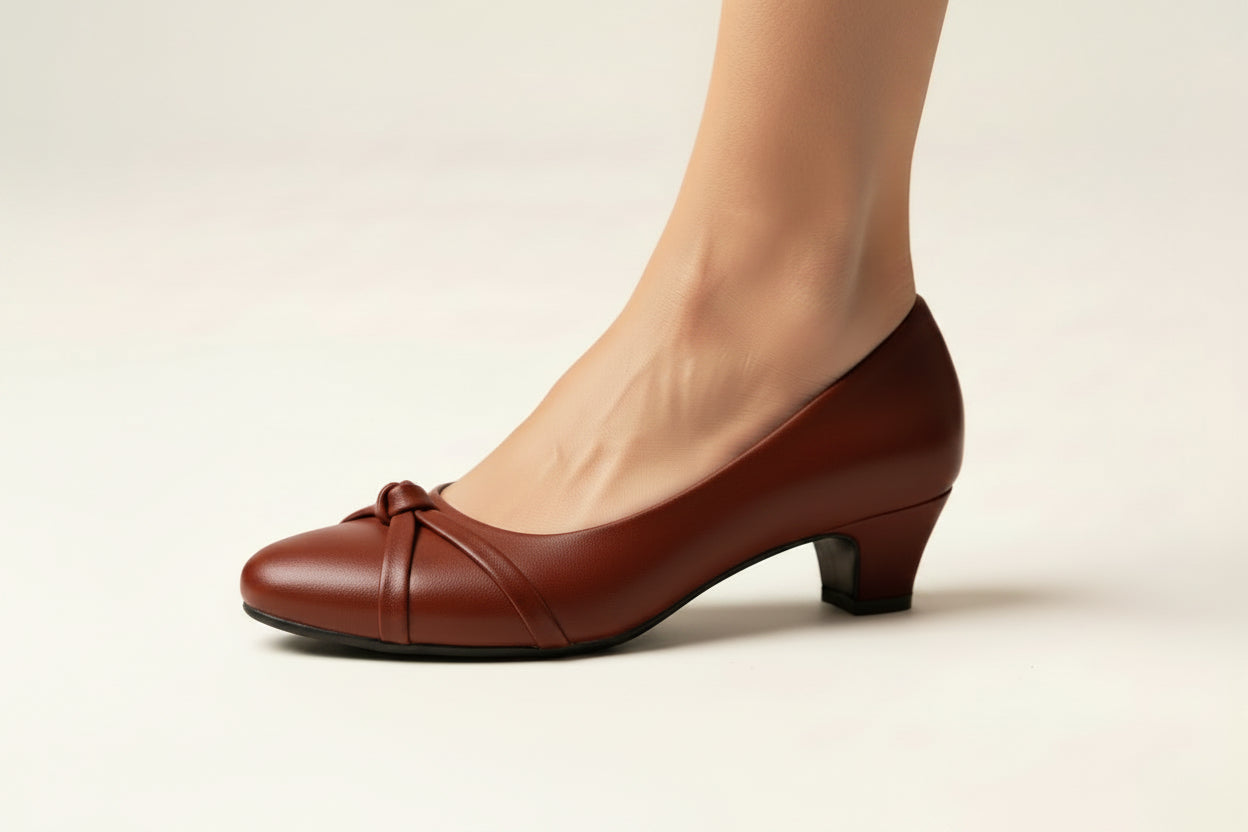 A woman's foot wearing a brown leather pump shoe with a low block heel and a small bow detail on the toe, shown against a plain light background.