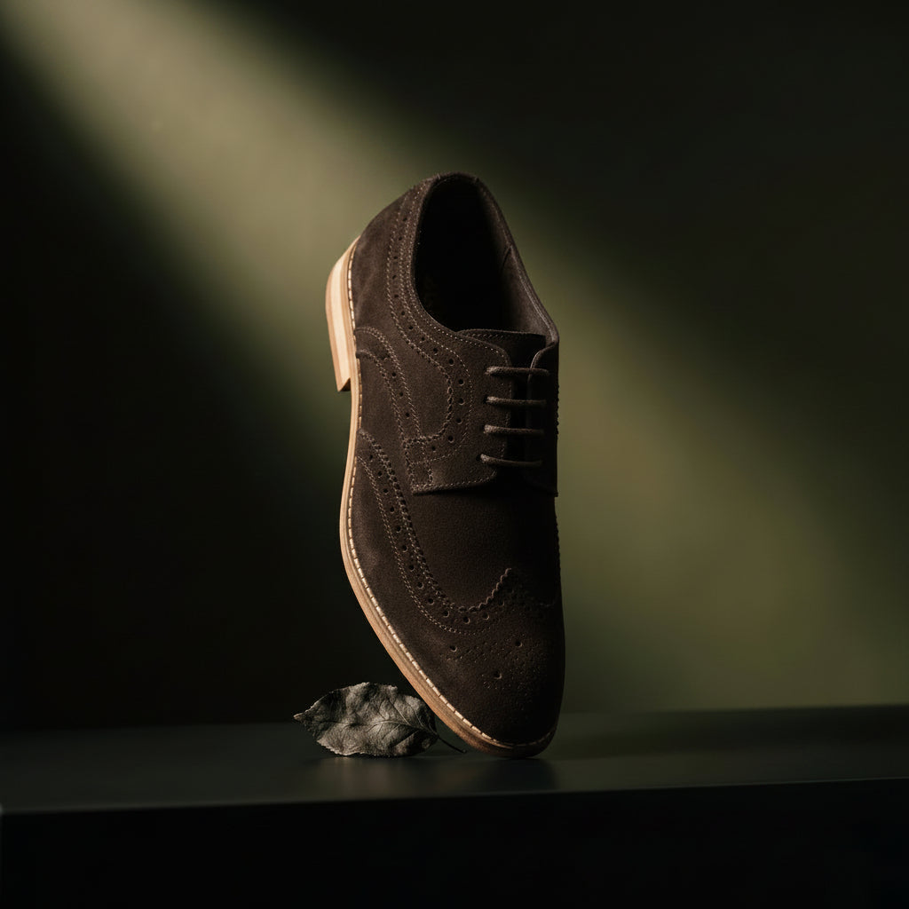 A singleBrown suede wingtip oxford shoe with brogue detailing and black laces, standing upright on a dark surface with a small leaf prop against a dark background with dramatic spotlighting.