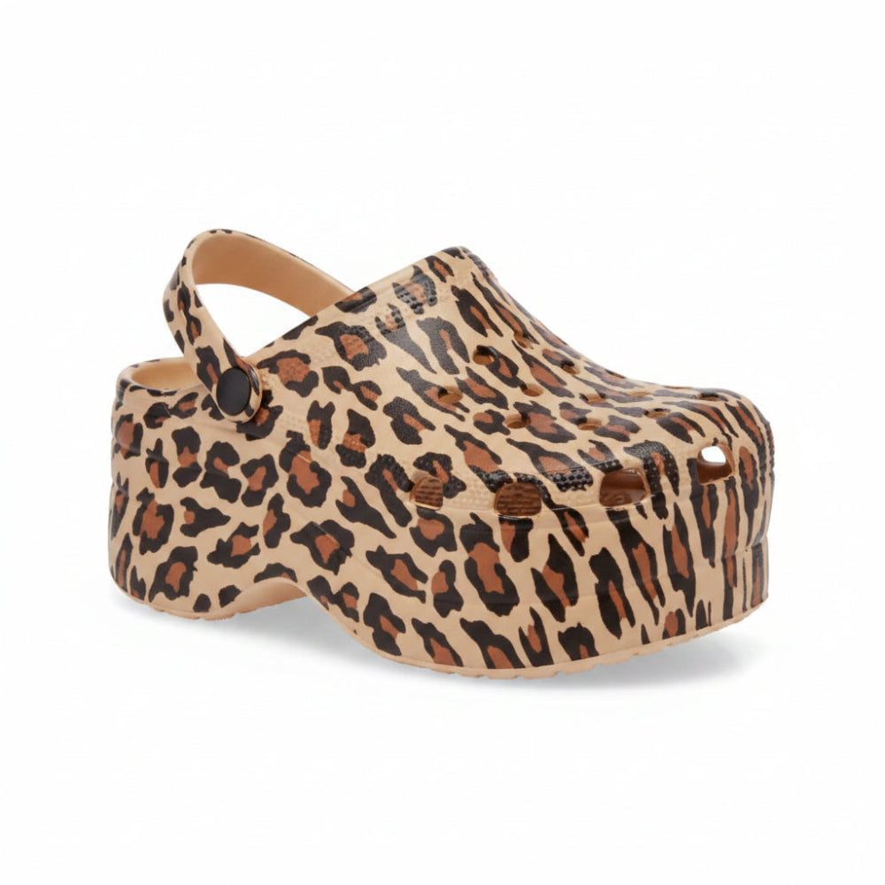 A single platform clog shoe with a brown and black leopard print pattern on a beige background, shown against a plain white background.