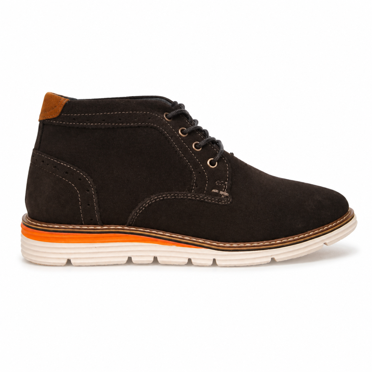 A single dark brown suede chukka boot with black laces, a tan leather heel tab, and a thick white sole featuring a vibrant orange midsole accent, shown from a side profile on a white background.