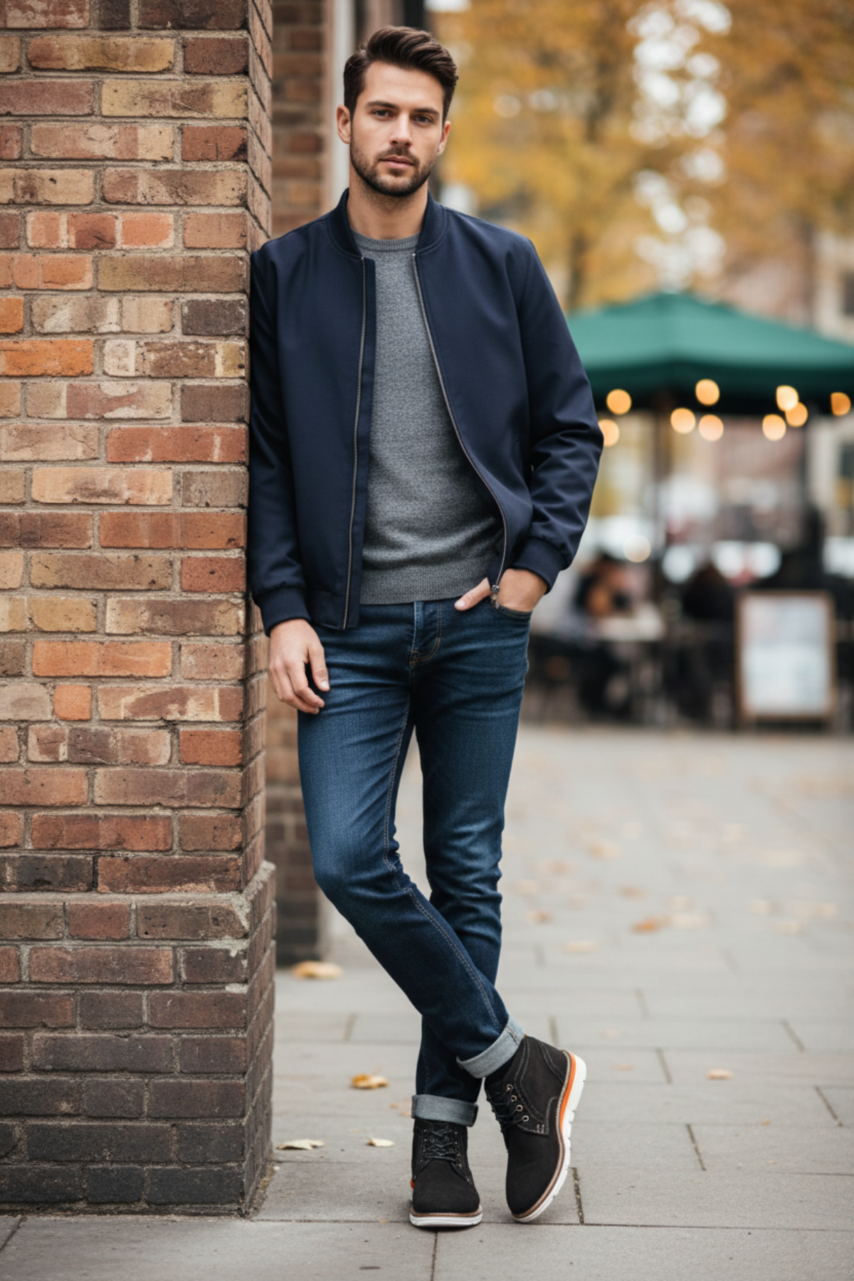 Side profile of Ike Behar men's black suede chukka boot with cognac ankle trim, contrast stitching, orange midsole stripe, and white rubber outsole