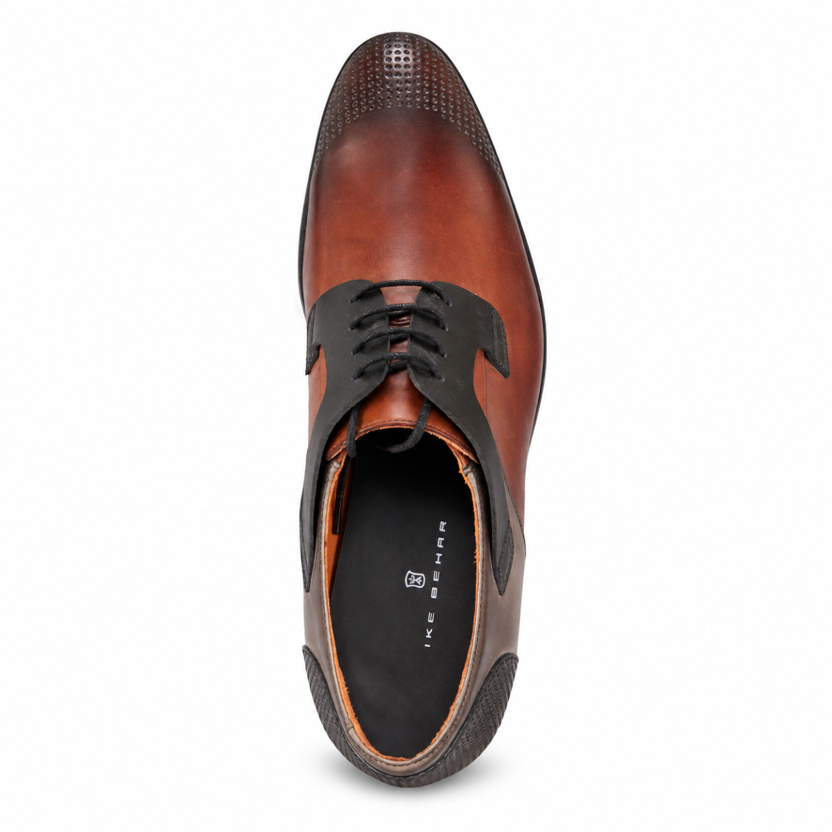 A single men's oxford-style dress shoe shown from a top-down view on a plain white background. The shoe is primarily brown leather with black accents, including the laces, trim, and heel area.