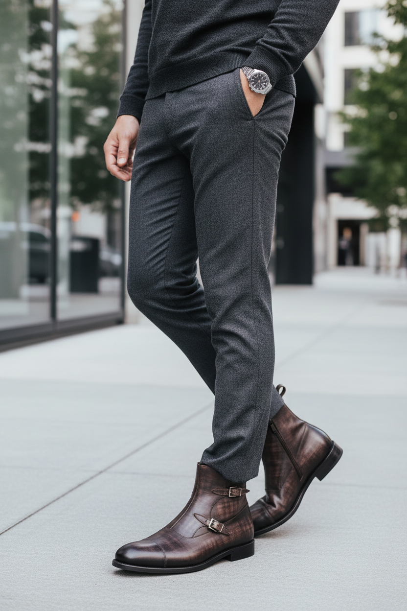 model wearing leather boots 