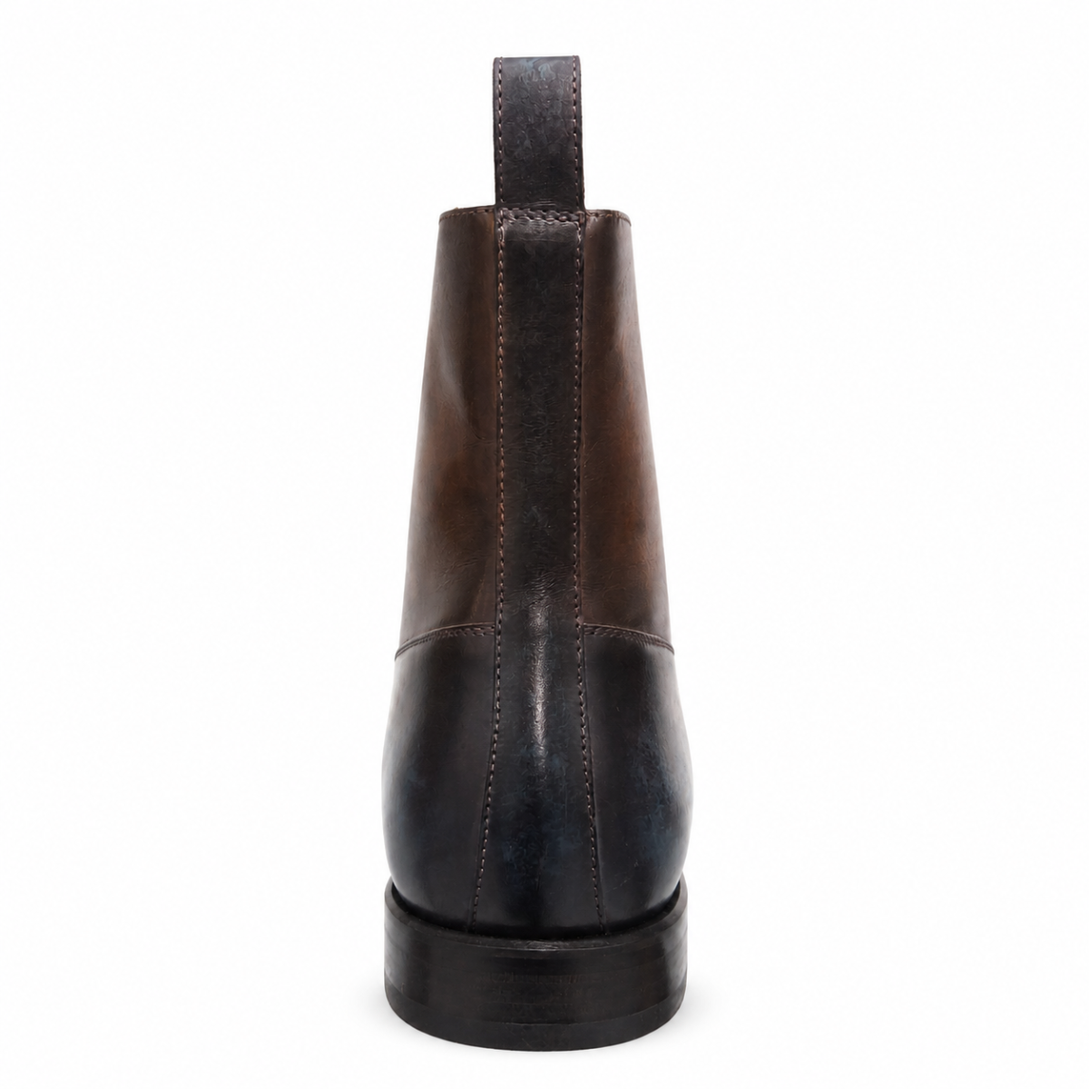 A dark brown leather Chelsea boot shown from the back, featuring a pull tab at the top and a dark sole, set against a plain white background.