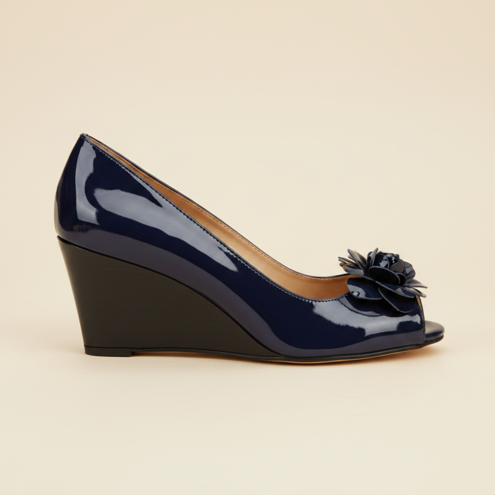 Rasolli navy patent peep-toe wedge pump with floral embellishment at toe, side profile view