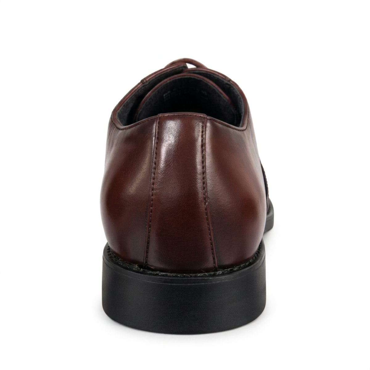 A single brownl faux leather dress shoe shown from a rear three-quarter angle, featuring a black sole and a white interior lining, set against a plain white background.