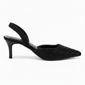 A single black pointed-toe slingback high heel shoe embellished with sparkling rhinestones, shown from a side profile on a white background.