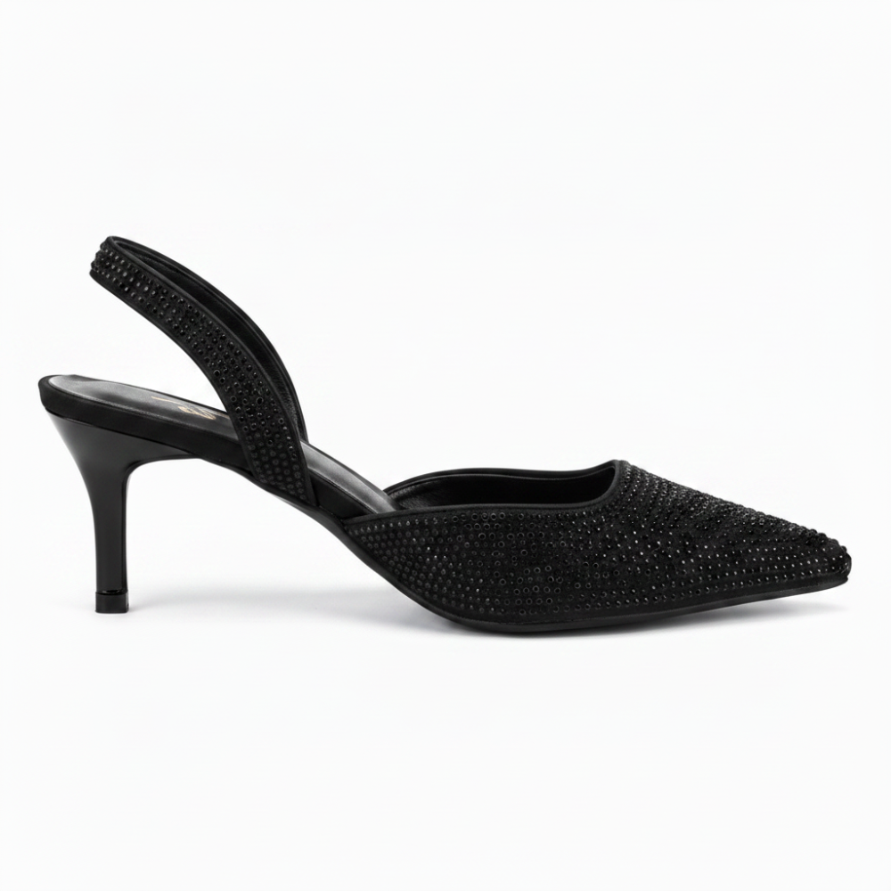 A single black pointed-toe slingback high heel shoe embellished with sparkling rhinestones, shown from a side profile on a white background.