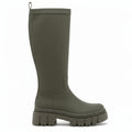 An olive green knee-high boot with a chunky lug sole, shown from a side profile on a white background.