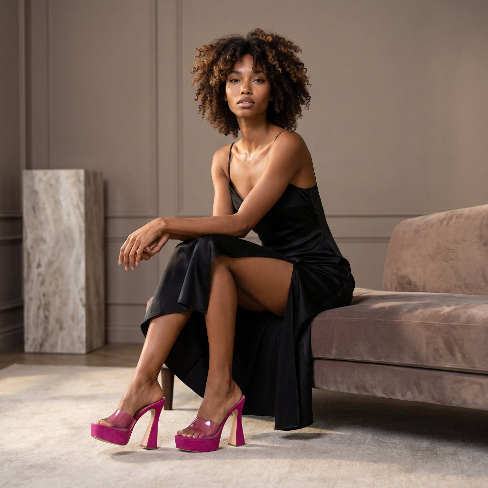 A woman with curly hair sits on a mauve velvet sofa wearing a black slip dress and bright magenta platform high-heel sandals in a modern living room setting.