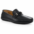 A black leather driving loafer with a braided strap and silver-tone buckle, shown from a three-quarters angle on a white background.