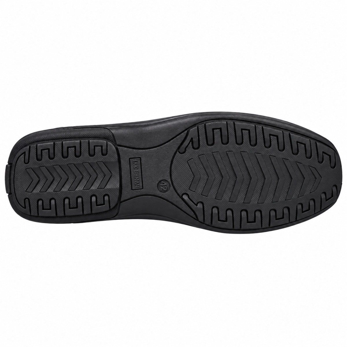 A top-down view of a black rubber shoe sole, showing the tread pattern and a small embossed brand mark in the center, isolated on a white background.