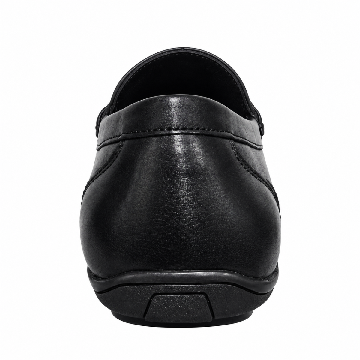 A black leather slip-on shoe shown from a rear three-quarter view against a plain white background.