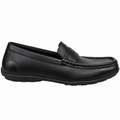 A single black leather penny loafer shown in a side profile view against a plain white background.