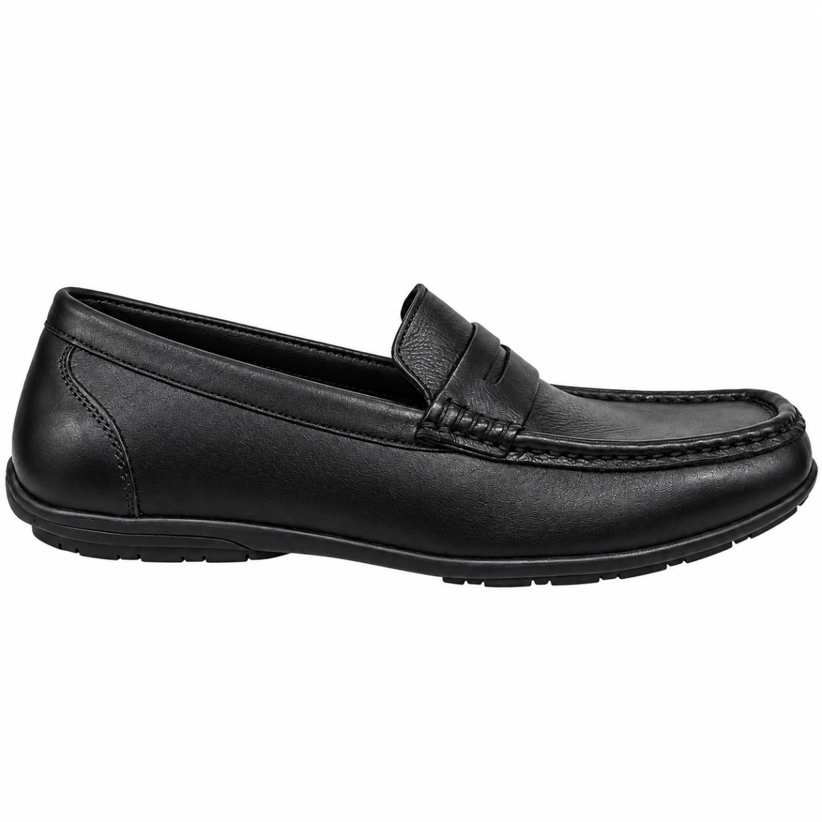 A single black leather penny loafer shown in a side profile view against a plain white background.