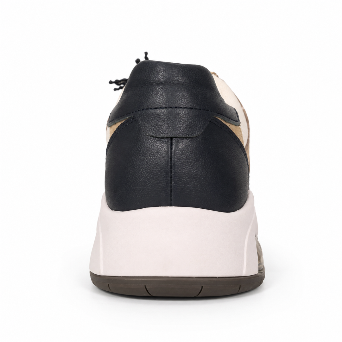A single low-top sneaker shown from the back, featuring a black leather upper with beige side panels, a chunky off-white midsole, and a dark brown outsole, set against a plain white background.