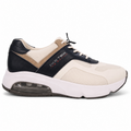 A low-top athletic sneaker in beige, navy, and white, featuring a thick white midsole with a visible air cushion unit, beige mesh panels, a navy synthetic overlay with 'XTEK' branding, and navy heel detailing, shown against a plain white background.
