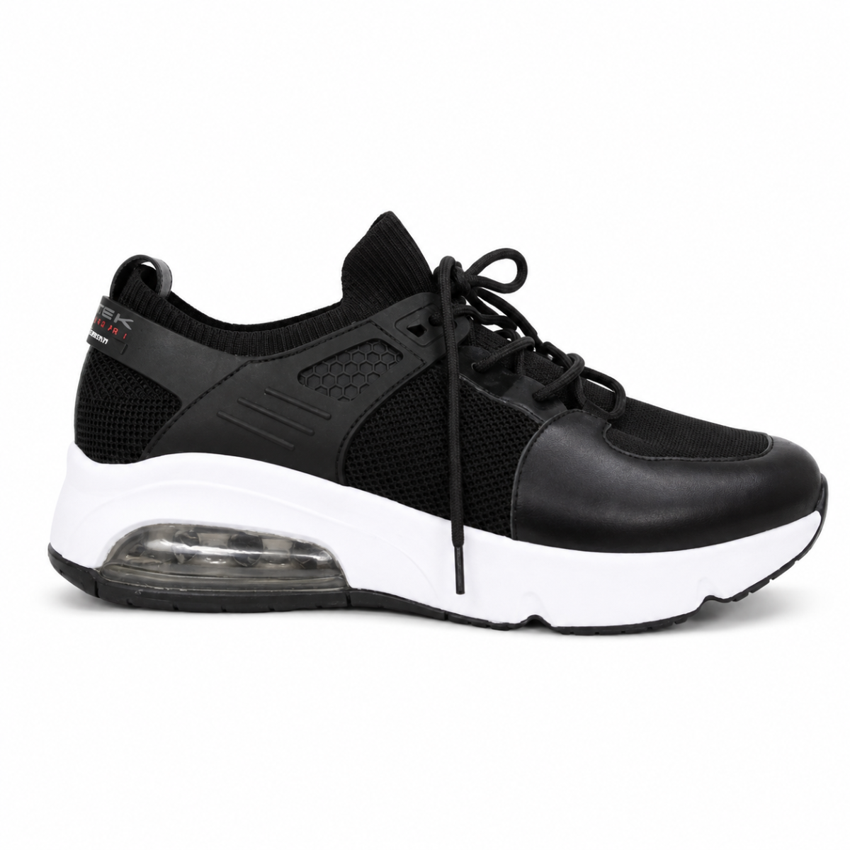 A black and white athletic sneaker with a breathable mesh upper, black laces, and a thick white midsole featuring a clear air cushion unit.