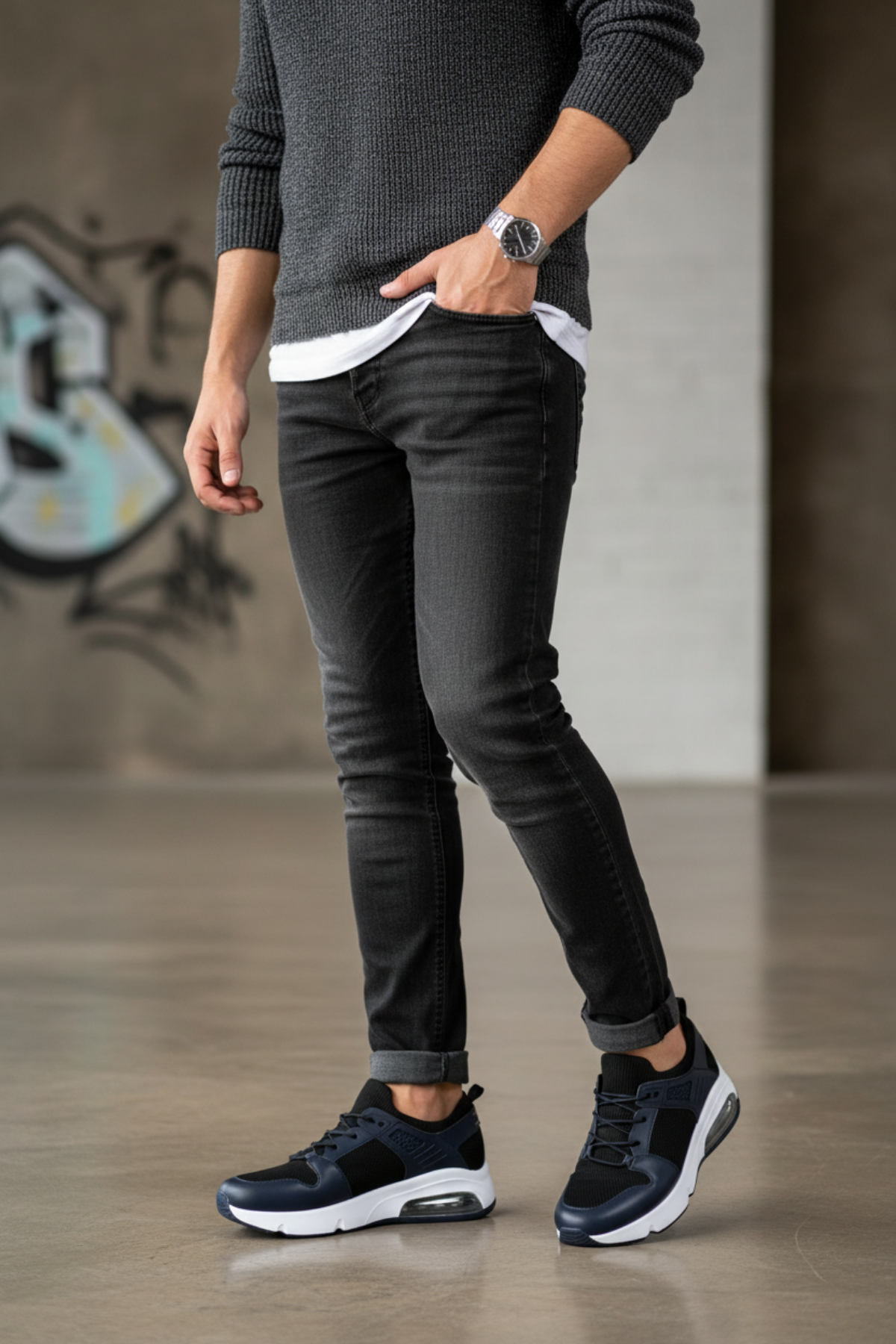 A MAN WEARING THE NAVY BLUE JUSTIN SNEAKERS 