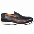 A dark brown distressed leather penny loafer shoe with a thick white midsole and a dark outsole, shown from a side profile view on a white background.