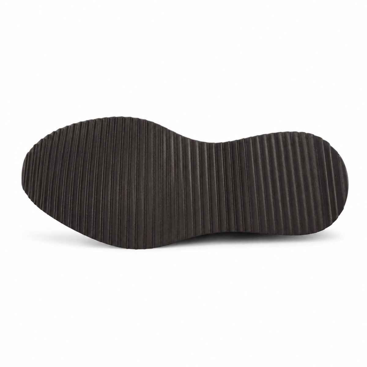 The textured black rubber outsole of a shoe, shown from a top-down view against a plain white background.