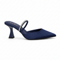 A navy blue suede pointed-toe mule heel with a rhinestone-embellished strap, shown from a side profile on a white background.